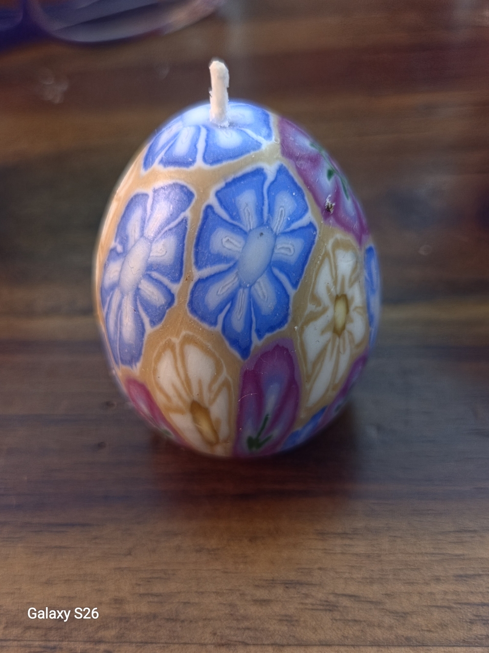 Hand-Painted Floral Egg Candle — Blue, Pink & Cream